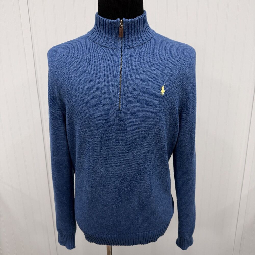 Polo Ralph Lauren Men's XL Blue Embroidered Logo Cotton 1/4 Zip Pullover Sweater